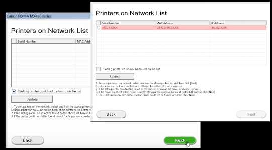 step 7 - Select your mx490 serial number from network list