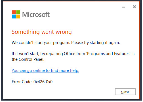 Office 365 error code 0x426-0x0